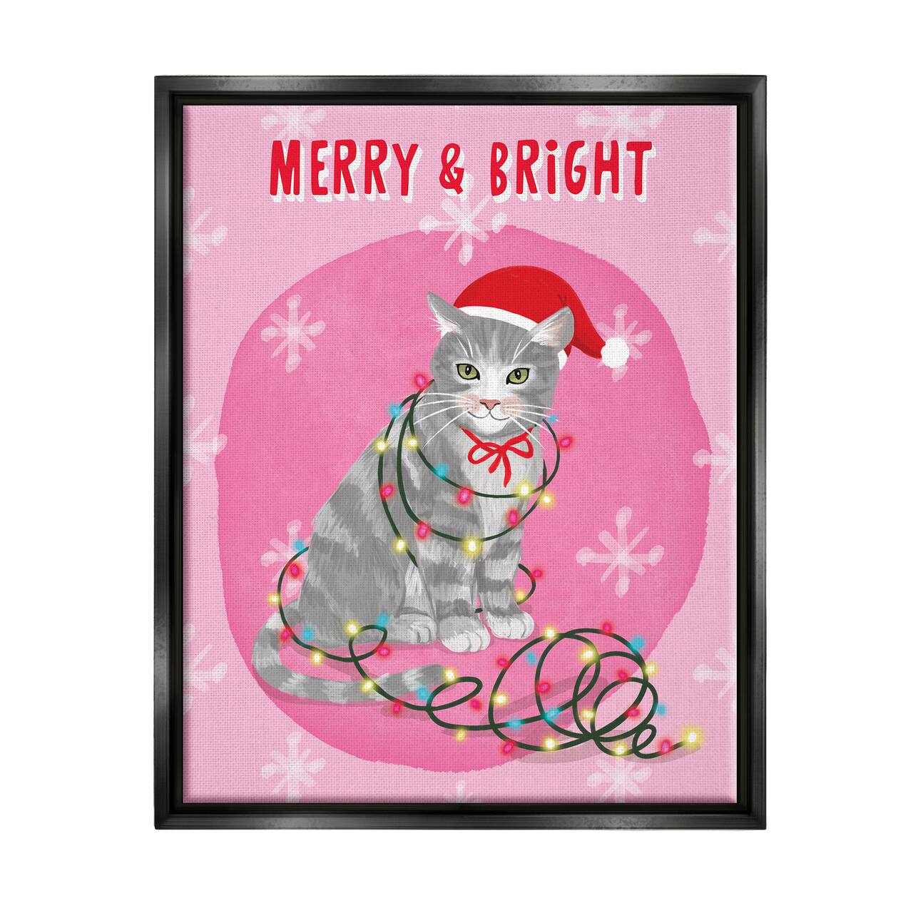 Stupell Industries Merry & Bright Christmas Cat Framed Floater Canvas Wall Art